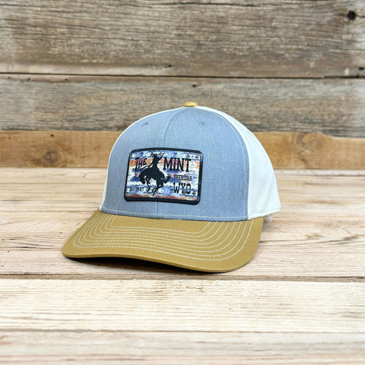 Aztec to Black Leatherette Patch Solid Twill Trucker - Heather Grey/Birch/Amber Gold