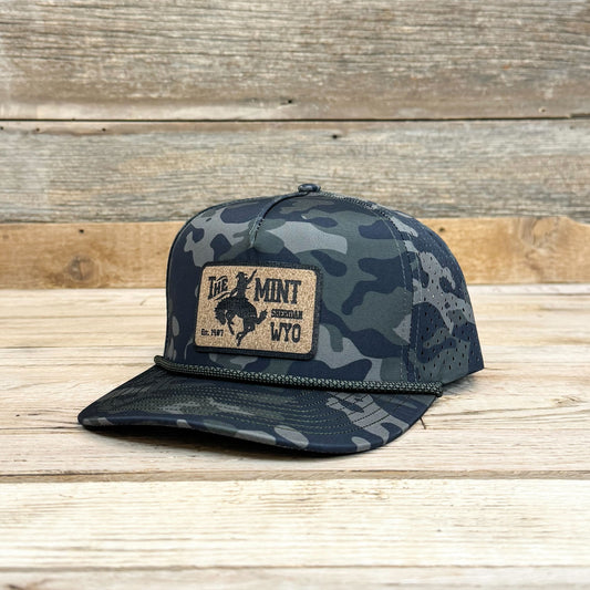 Cork to Black Leatherette Patch 5 Panel Snapback w/ Rope - Olive Camo/Olive Chainlink Rope