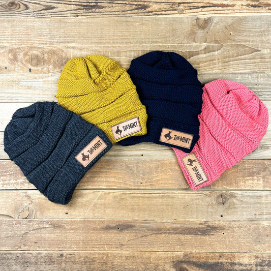 Leather Patch Cable Scrunch Beanies - 4 Colors!