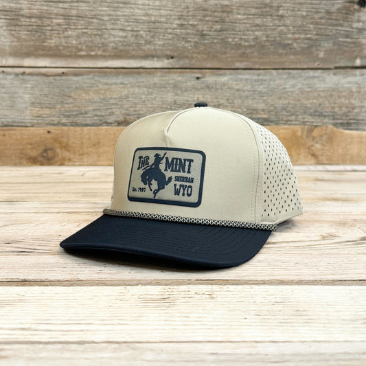 Light Brown to Black Leatherette Patch 5 Panel Snapback w/ Rope - Khaki/Black Bill/Black Chainlink Rope